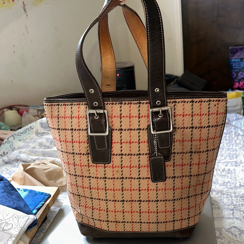 COACH Hampton Wool Tweed Tote Bag with Brown Leather Trim Vintage (AJ)